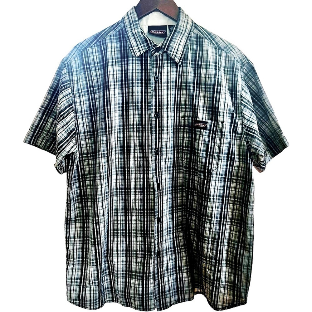 Dickies Mens Black & Grey Plaid Button Up Shirt Short Sleeve Chest Pocket Logo L